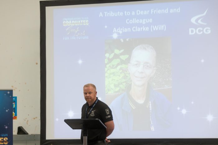 Automotive teacher Gareth Sullivan-Pearce speaking at the celebrations.